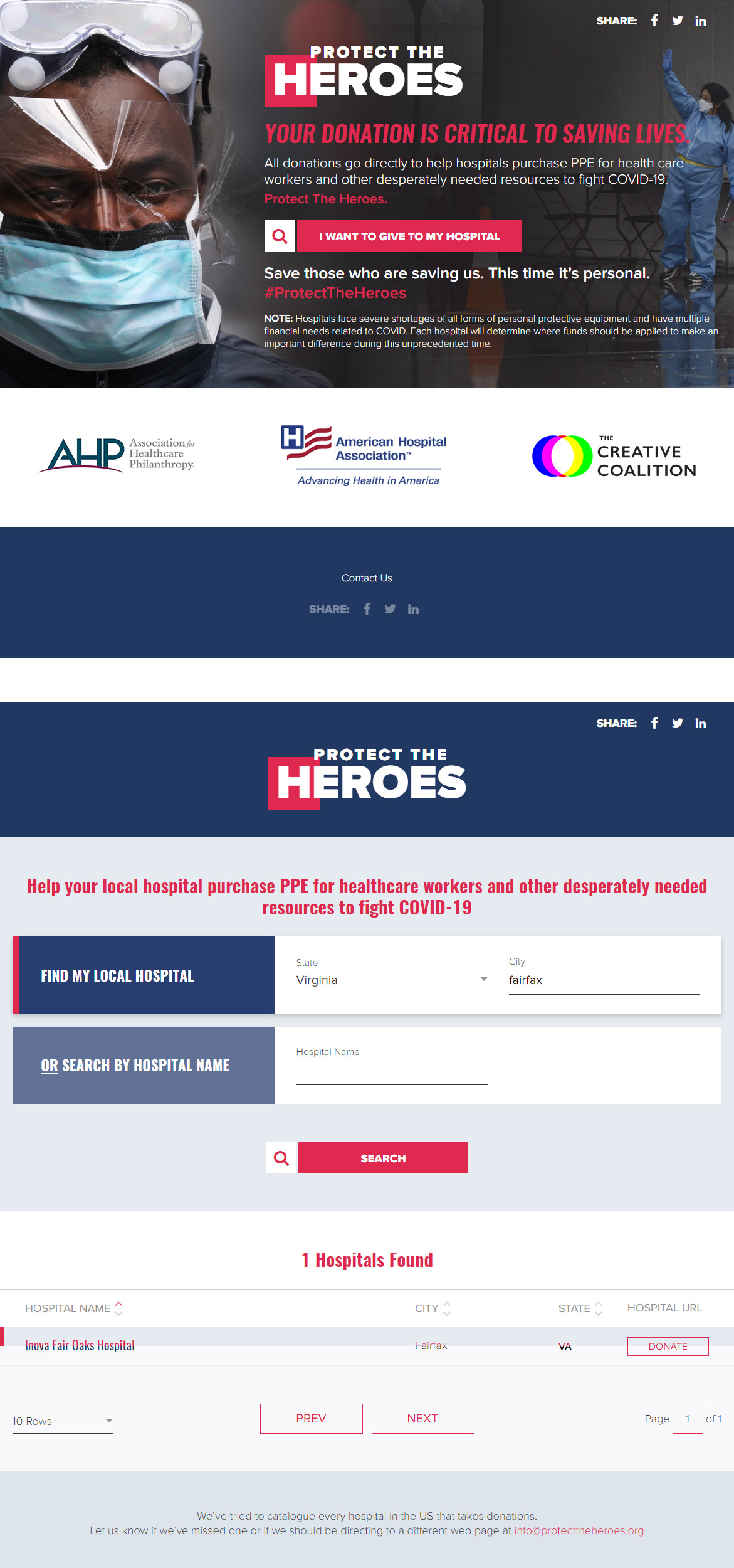 "Protect the Heroes” COVID-19 response website 